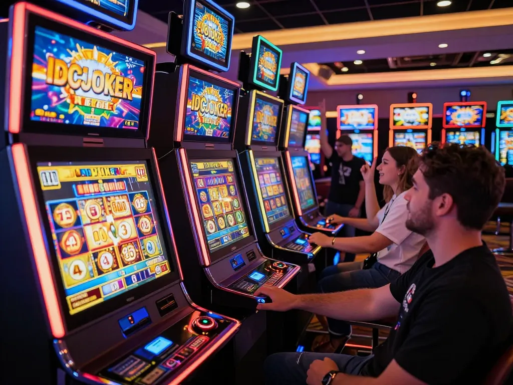IDCJOKER players enjoying dynamic slot machine gameplay, capturing excitement and strategic moments in a vibrant casino atmosphere.