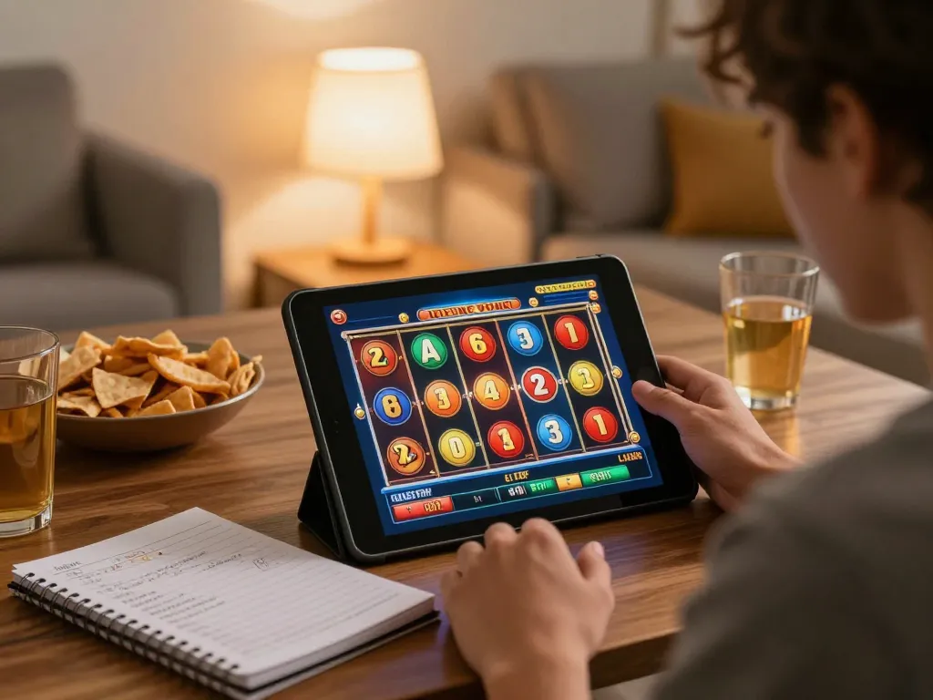 LIGA2000 player focused on tablet, engaging in slot gaming at home, showcasing cozy atmosphere.