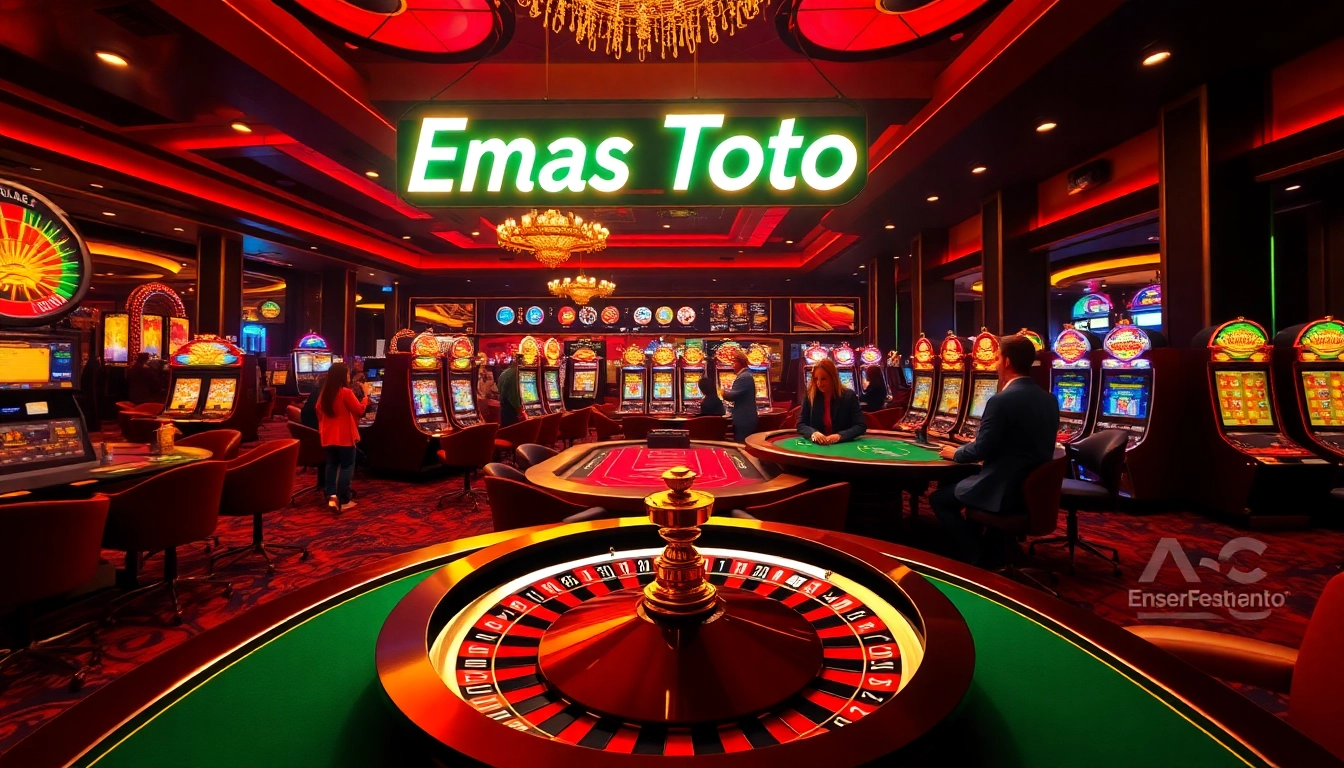 Players enjoying a vibrant casino atmosphere featuring Emas Toto slots and tables, immersed in excitement.