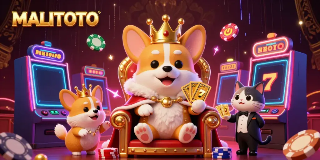 MALITOTO offers a vibrant casino scene with a royal corgi, game elements, and dynamic energy.