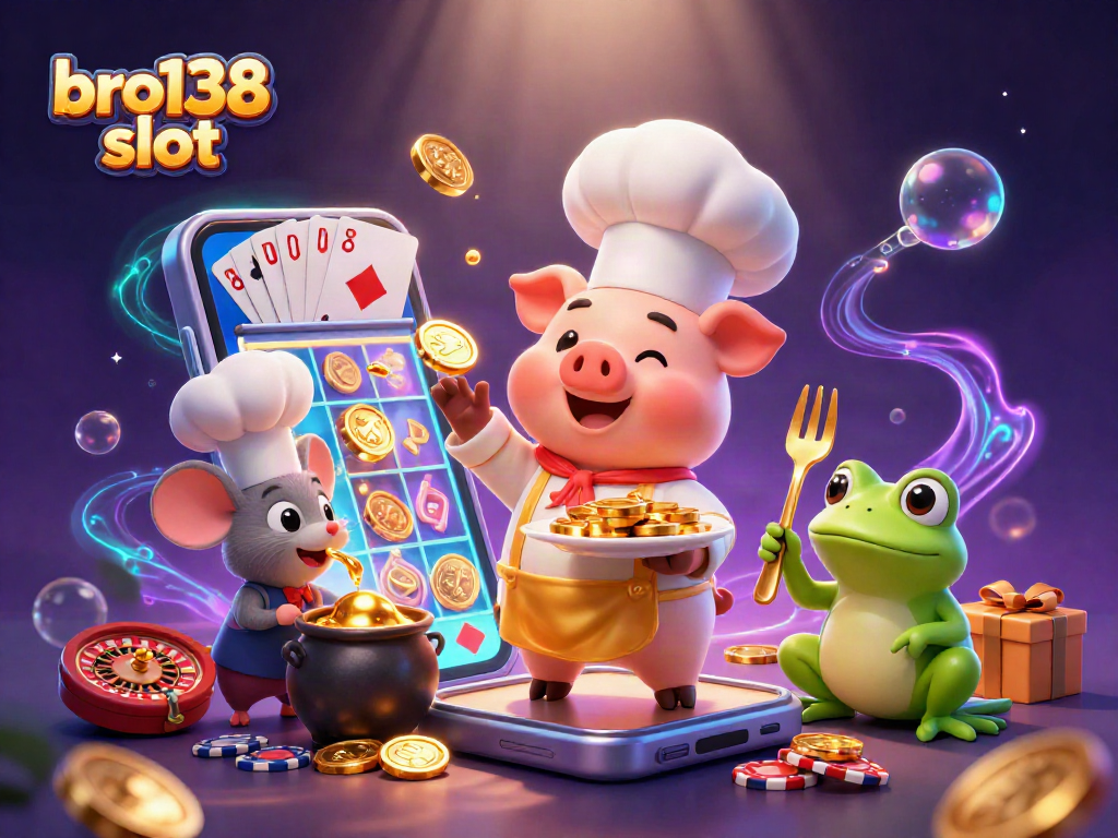Experience the excitement of bro138 slot with a chef pig, mouse, and frog in a vibrant casino scene.