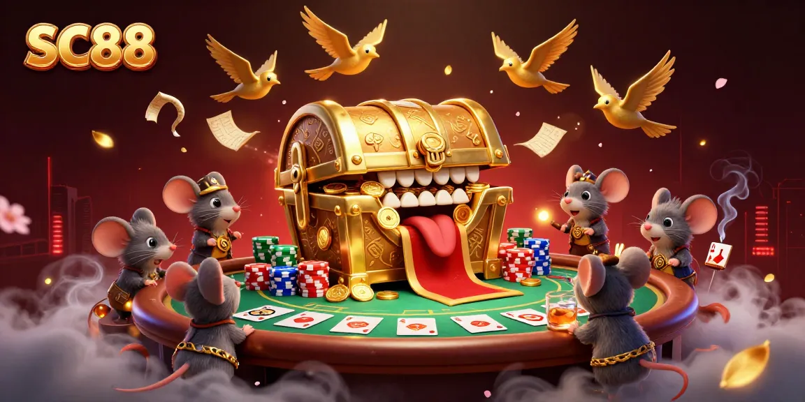SC88 showcases a golden treasure chest luring adventurer mice amidst vibrant poker elements.