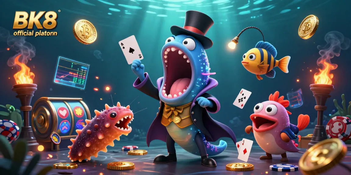 Experience the BK8 official platform with vibrant 3D characters engaging in thrilling card tricks amidst crypto and casino elements.
