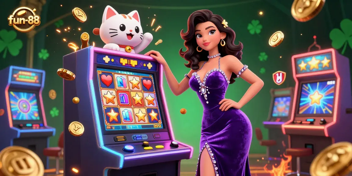 Spin the jackpot at fun-88 with a glamorous lady beside a slot machine and a waving fortune cat.