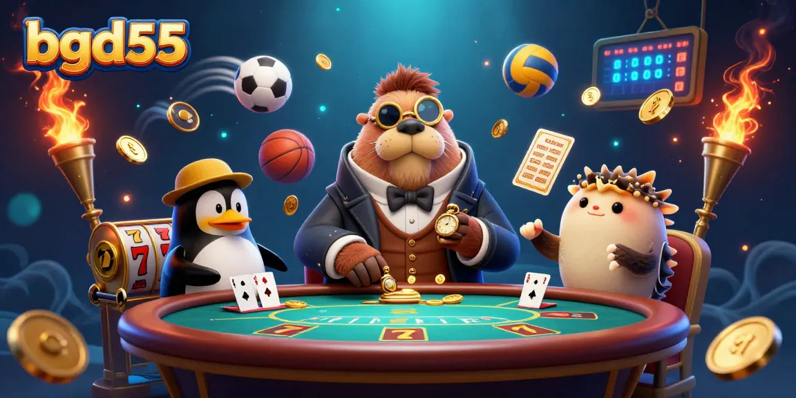 bgd55 showcases a vibrant underwater poker scene with a jolly walrus, penguin dealer, and pufferfish player among golden elements and sports balls.
