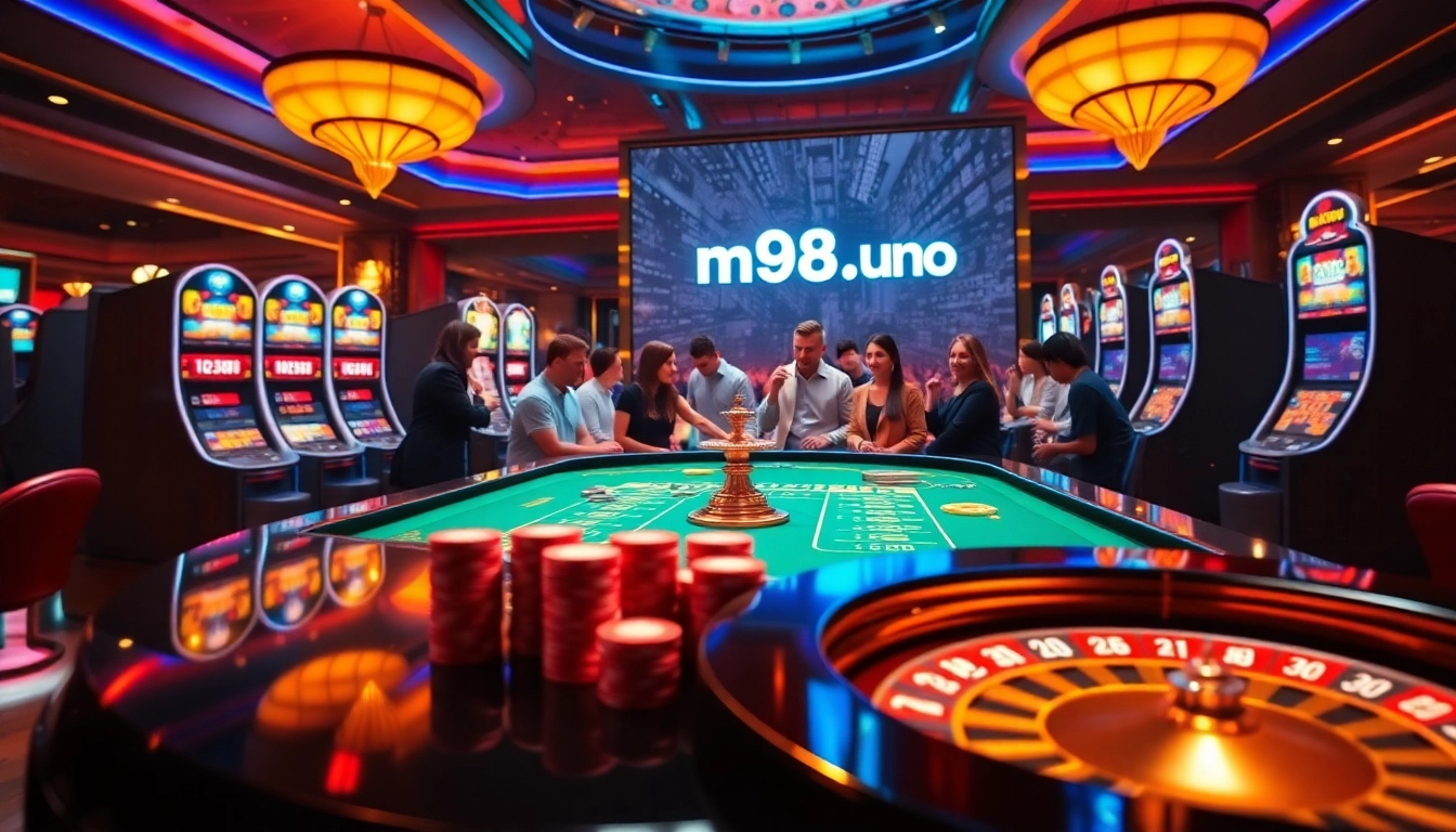Gamblers enjoying a vibrant roulette table experience at https://m98.uno/, with colorful chips and slot machines.