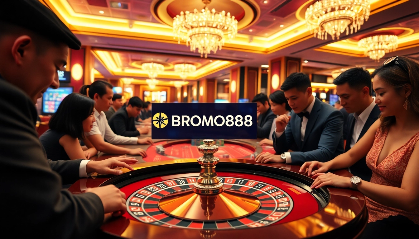 BROMO888 players engaging with roulette and vibrant casino decor.