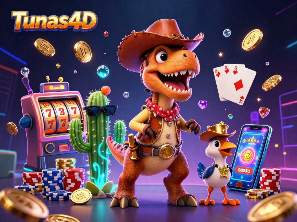 Tunas4D showcases an immersive 3D cartoon scene with a T-Rex cowboy amidst vibrant casino elements.