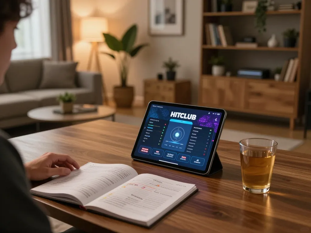 Engaging with Hitclub online gaming on a tablet in a cozy living room atmosphere, highlighting responsible gaming.
