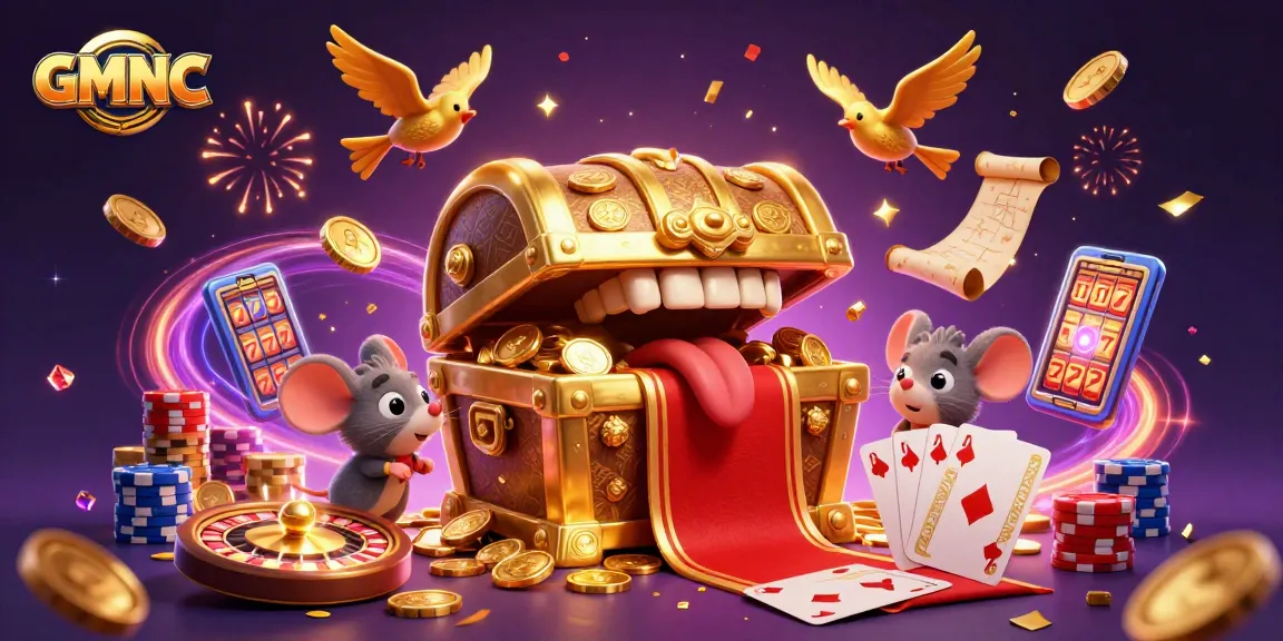 Experience GMNC excitement with a treasure chest attracting adventurer mice amidst vibrant casino elements.