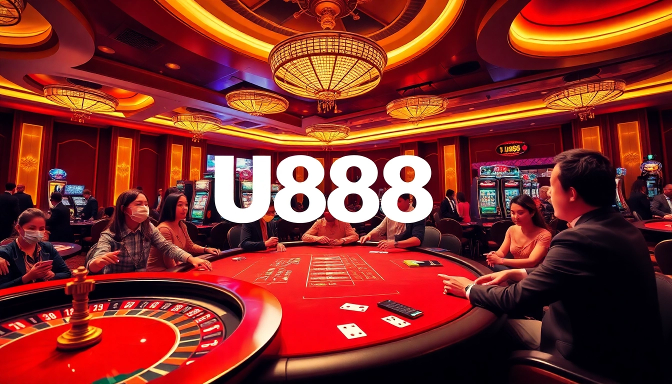 U888 players celebrating a winning moment at a luxurious casino table.