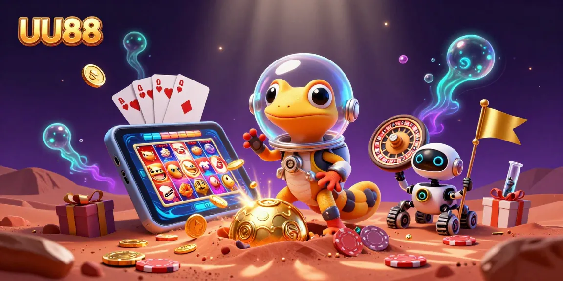 UU88's Martian gecko uncovers a buried golden casino amidst vibrant gaming elements.