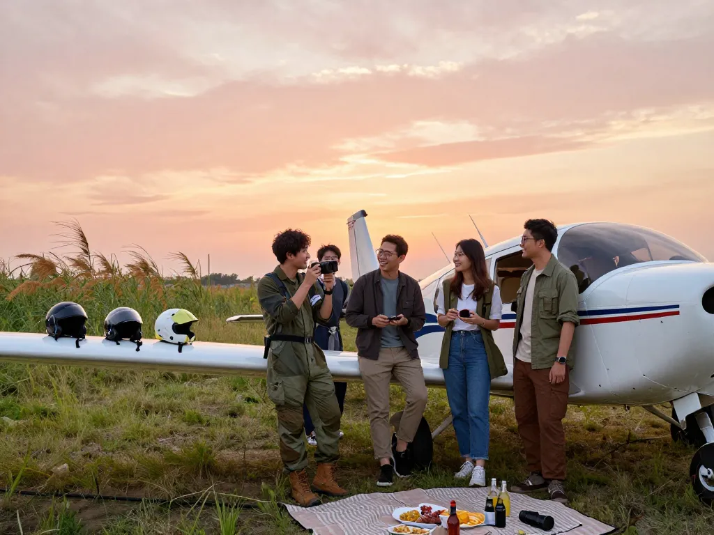 Friends enjoying a sunset celebration at an airfield after a Fly88 discovery flight, capturing the excitement of aviation adventures.