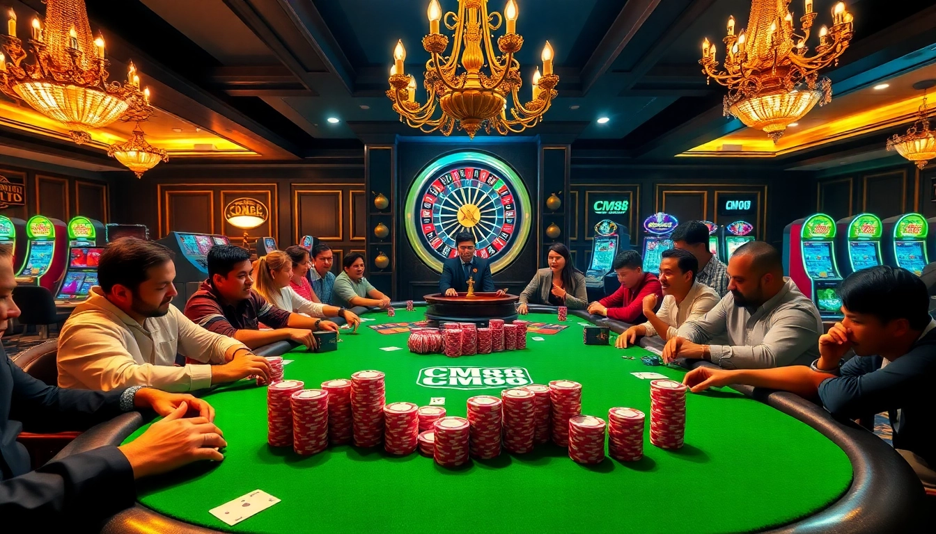 Exciting poker gameplay at the CM88 casino table with vibrant chips and cards.