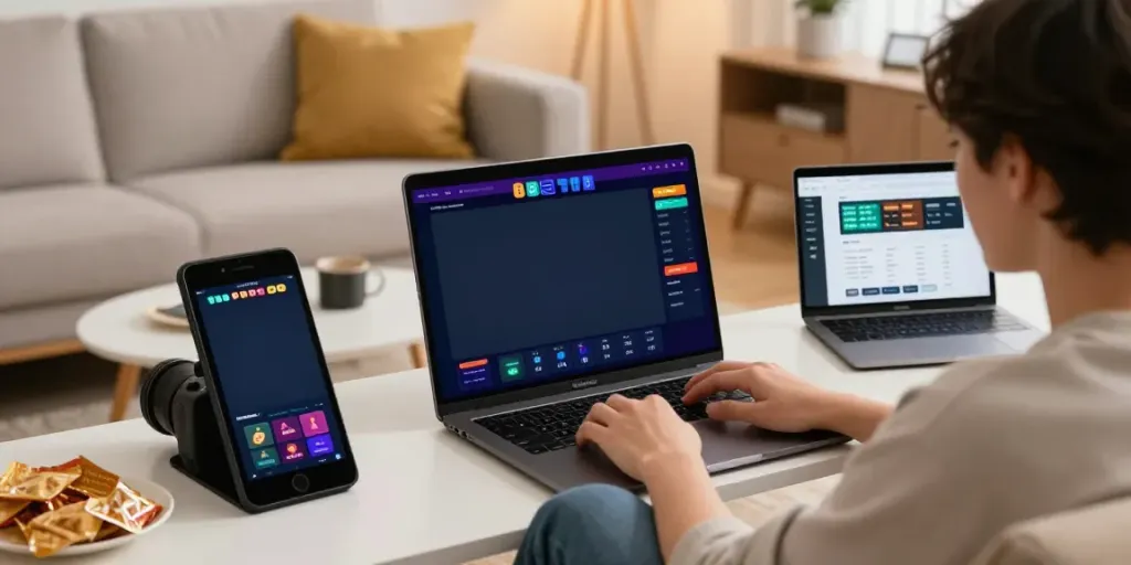 Pengguna bermain toto online di smartphone sambil menikmati suasana nyaman di rumah, menggambarkan alexistoto.