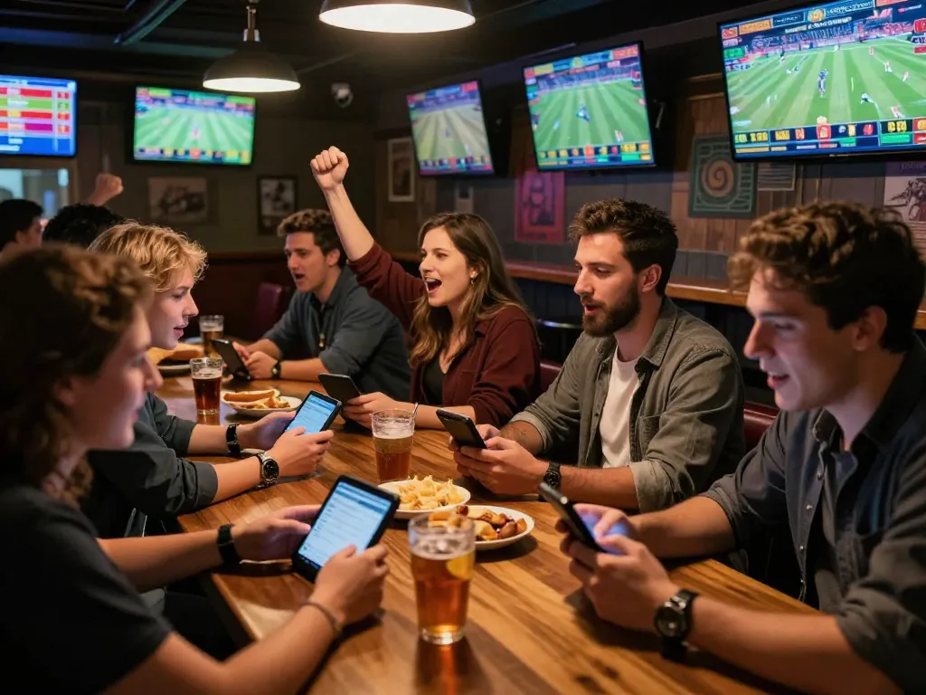 Tỷ lệ kèo nhà cái being analyzed by friends watching a live sports event in a vibrant bar.