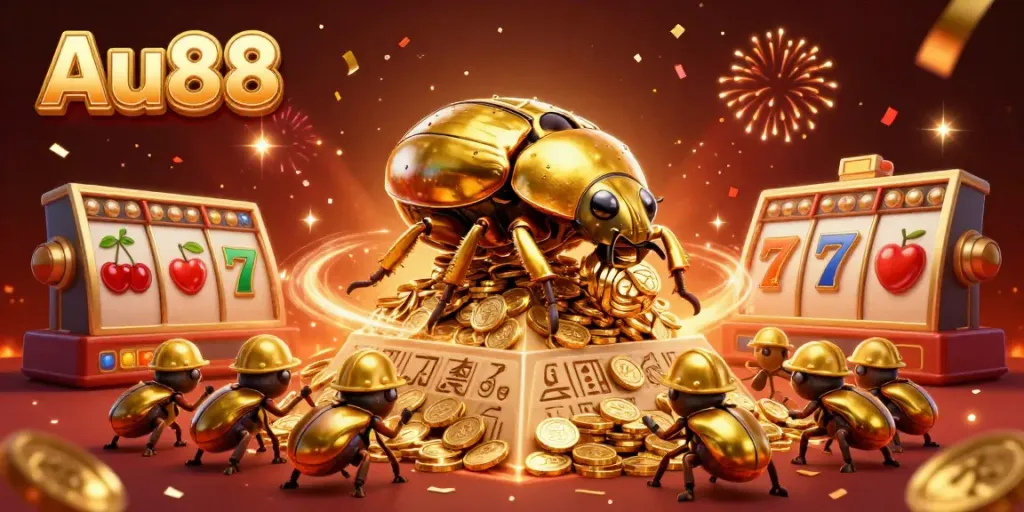 Experience excitement with Au88 as golden beetles celebrate winning with coins and fireworks at a vibrant casino.