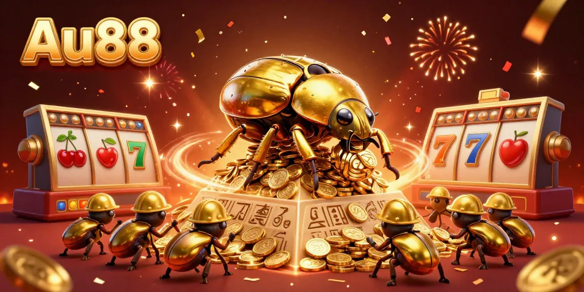 Experience excitement with Au88 as golden beetles celebrate winning with coins and fireworks at a vibrant casino.