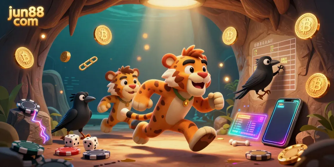 Experience thrilling action at jun88 com with a vibrant prehistoric casino scene featuring unique characters and cryptocurrency elements.
