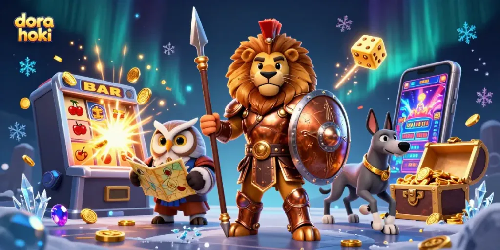 Slot jackpot meledak dengan dora hoki, simbol bertaburan, dan pemandangan yang penuh warna.