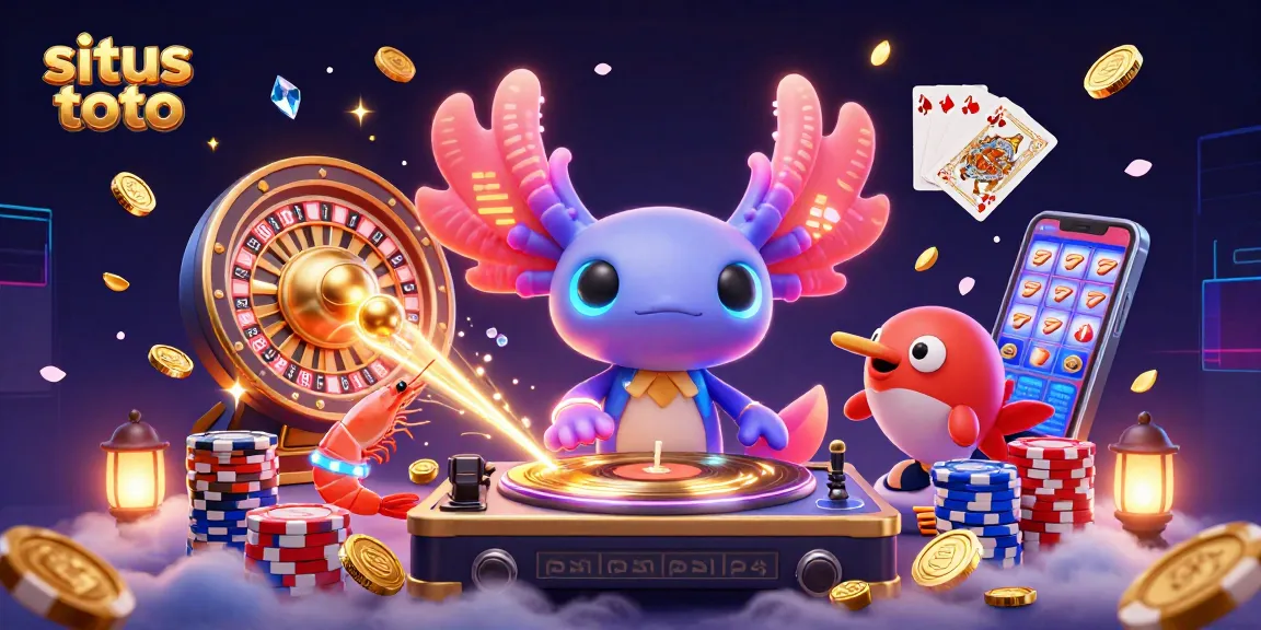 Menyaksikan aksi situs toto dengan DJ axolotl neon bermain musik dan koin emas berhamburan