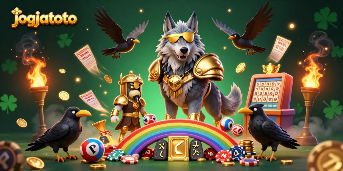 Experience the thrill of jogjatoto with a dynamic 3D illustration of mythological characters amidst lottery elements.