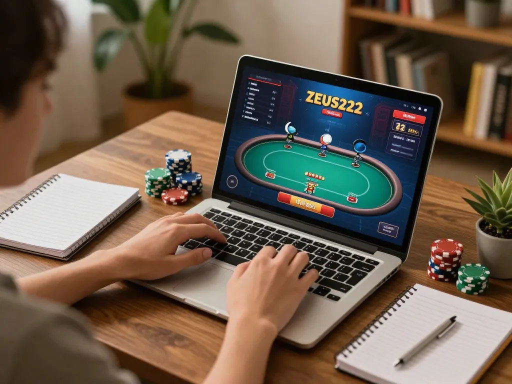 Engaged player using ZEUS222 for intense online poker strategy session in cozy home.