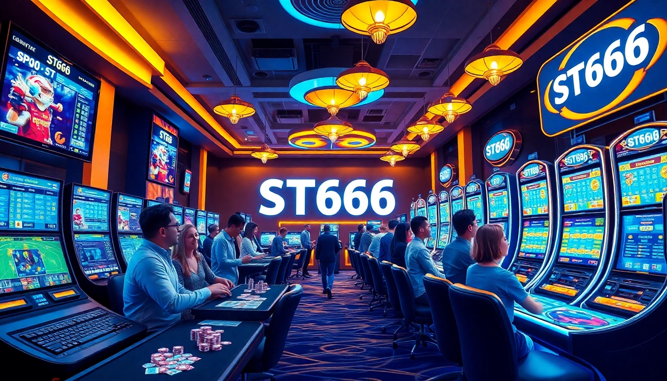 Exciting gaming experience at ST666, featuring diverse players engaging in online betting and casino games.