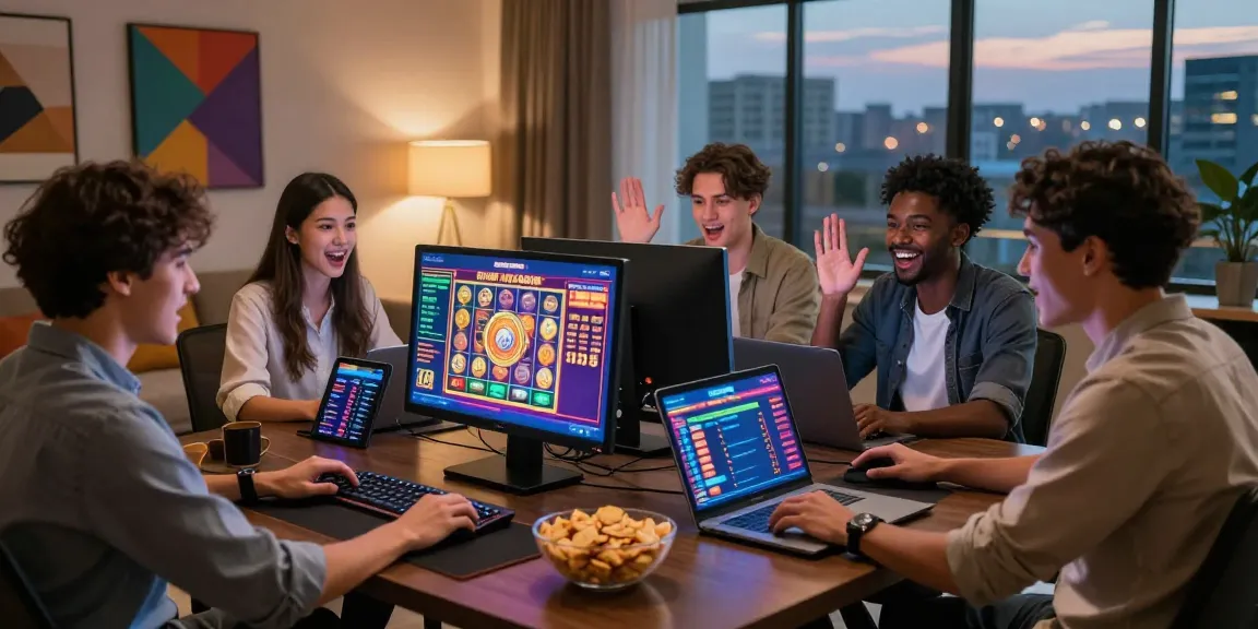 Exciting online gambling moment on situs slot raffi ahmad with friends celebrating a jackpot win in a cozy setting.