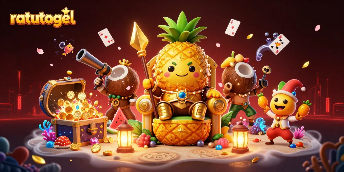 Ratutogel menampilkan ilustrasi kasino pantai dengan raja nanas, penjaga kelapa, dan pelawak mangga.