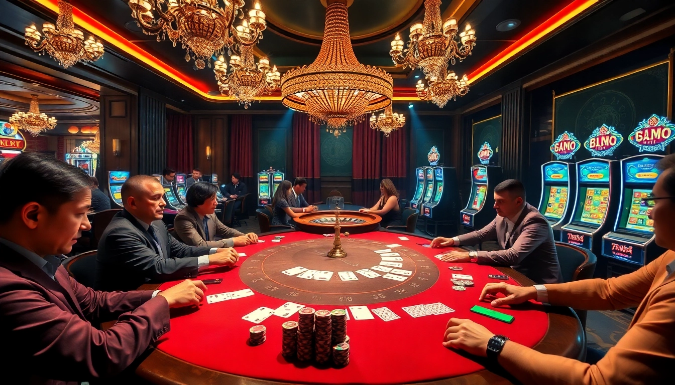 Experience the thrill of gaming at 79king's luxurious casino environment with vibrant poker tables and exciting slot machines.
