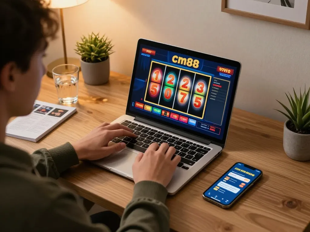 Engaging player exploring cm88 slots on a laptop in a cozy home gaming setup.