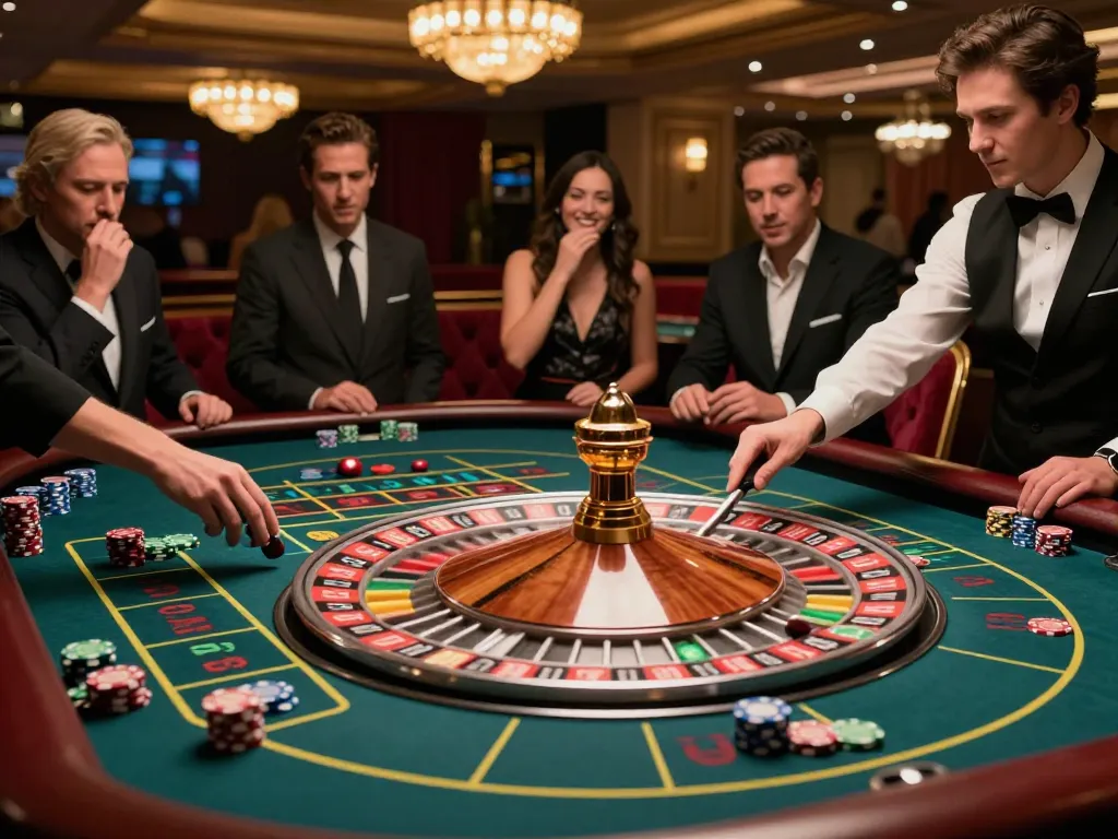 IDNSCORE roulette table action with players engaged, warm casino ambiance and excitement in the air.