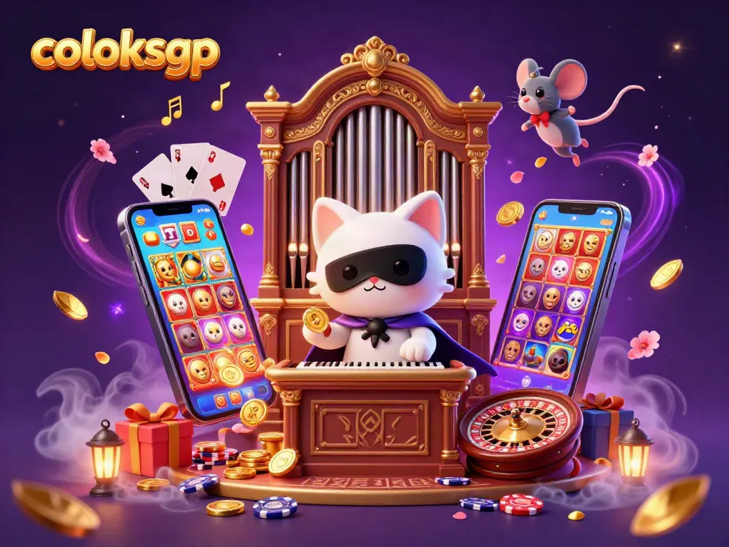 Permainan menarik di coloksgp dengan kucing putih di organ casino, koin emas bertebaran.