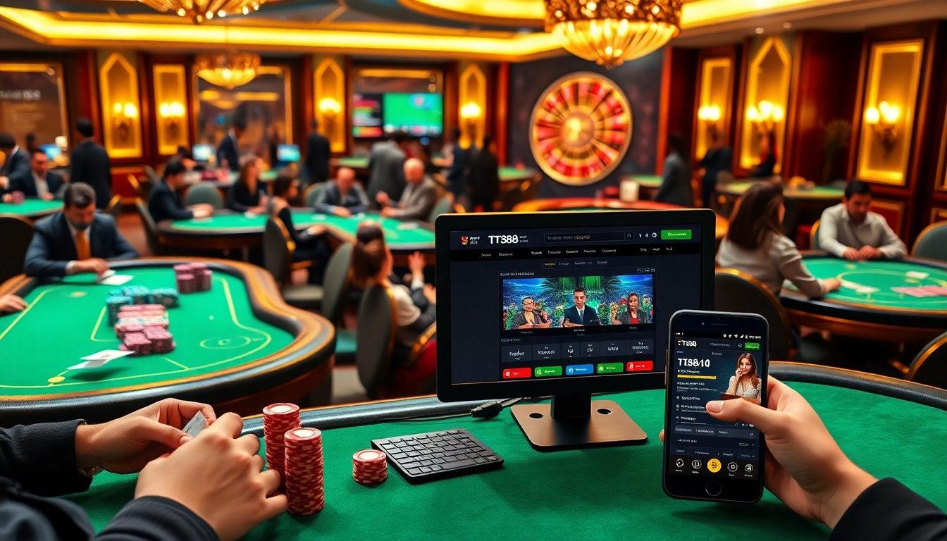 Exciting TT88 online betting interface set amidst vibrant casino gaming elements.
