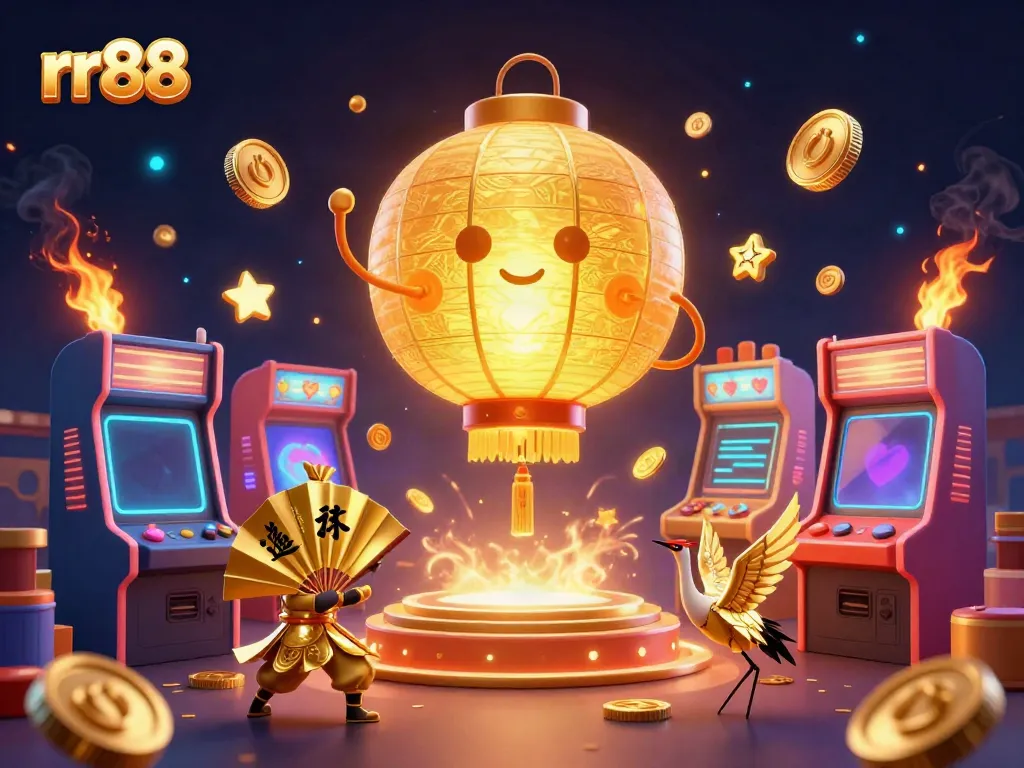 Engage in thrilling gameplay at rr88 with vibrant arcade machines and lucky symbols in a magical casino scene.