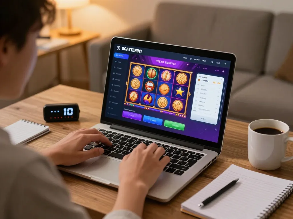 Player engaging with SCATTER911 online slots, demonstrating strategic gameplay from home.