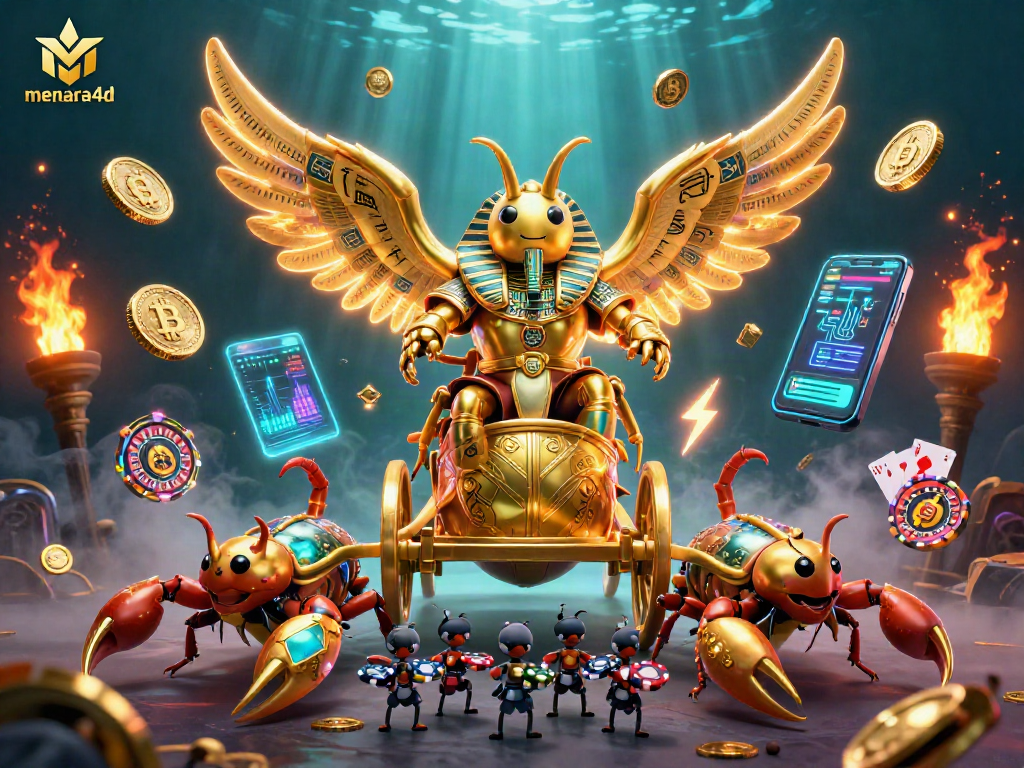 Menggali dunia menara4d dalam ilustrasi kasino 3D dengan simbol keberuntungan dan koin cryptocurrency