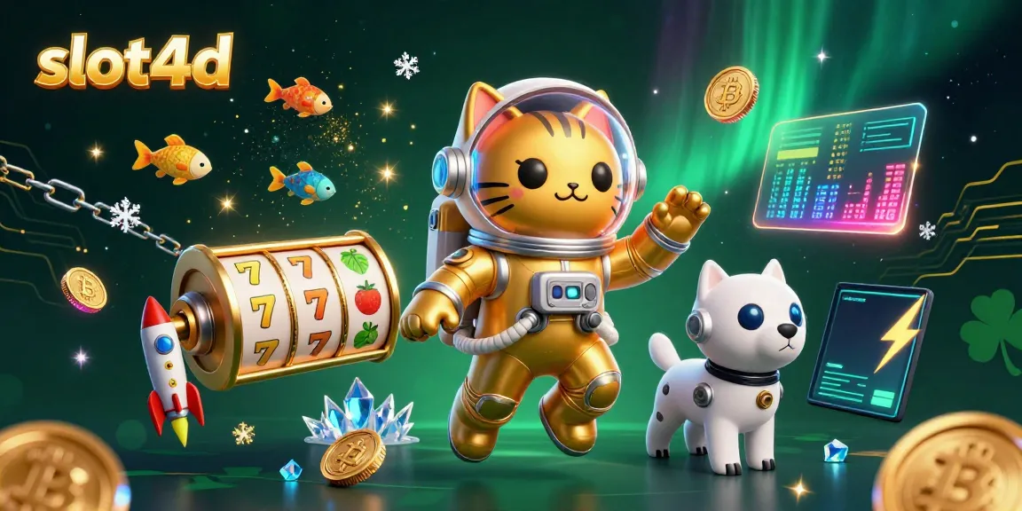 Experience vibrant slot4d action with a cosmic cat and dog amid winning symbols, coins, and space elements.