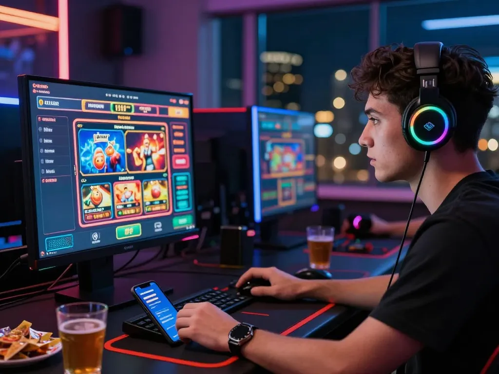 Player engaged on nk88 com in vibrant online gaming setup, showcasing casino games and live betting.