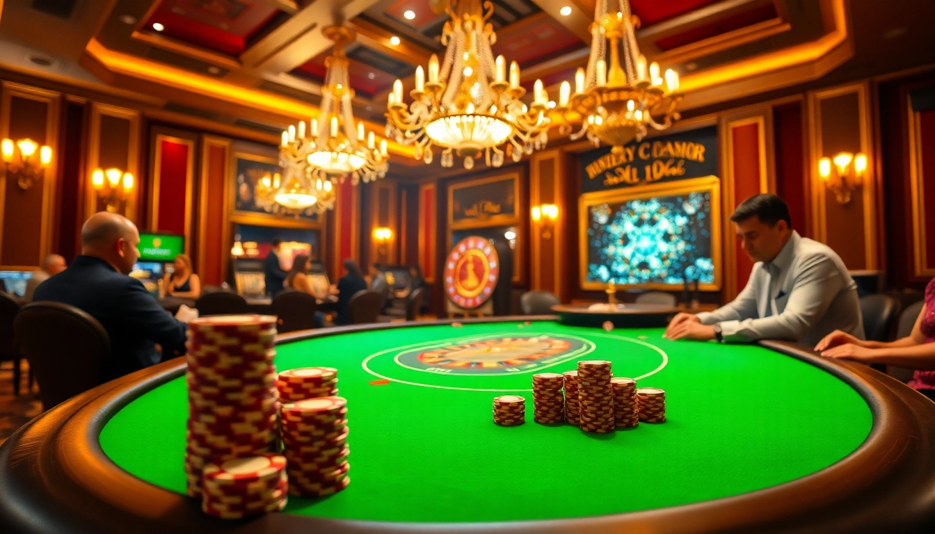 Players enjoying a thrilling poker game at F168 casino with vibrant chips and roulette wheel.
