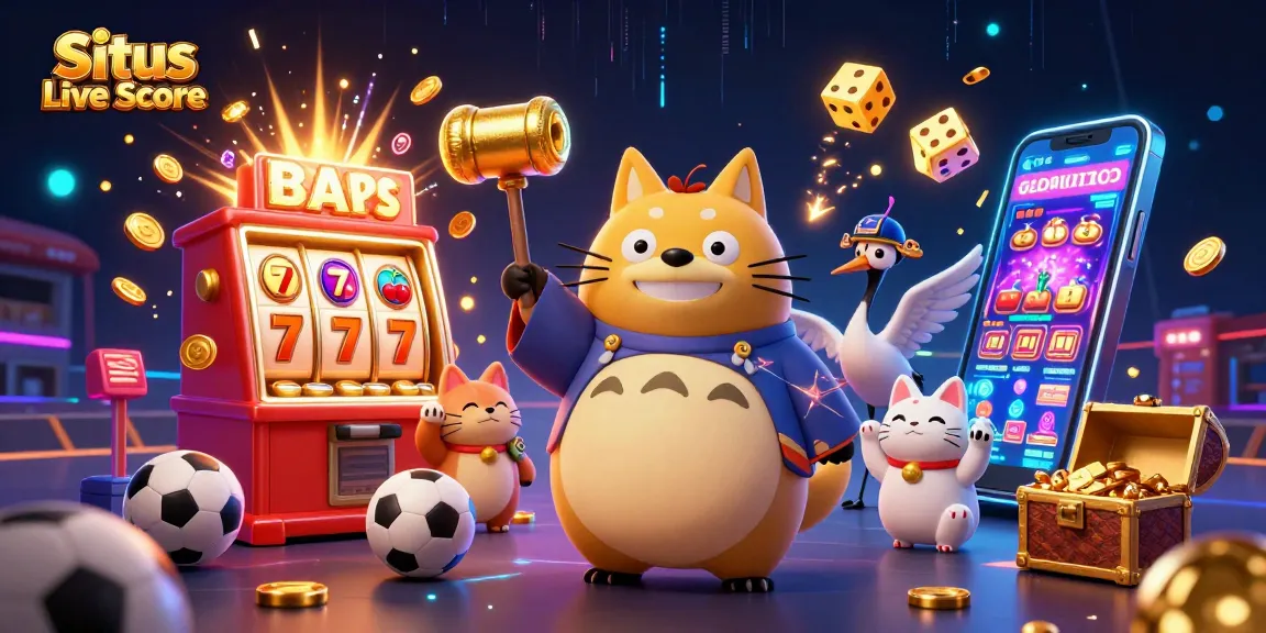 Situs Live Score captures thrilling sports betting moments with animated characters and vibrant casino elements.