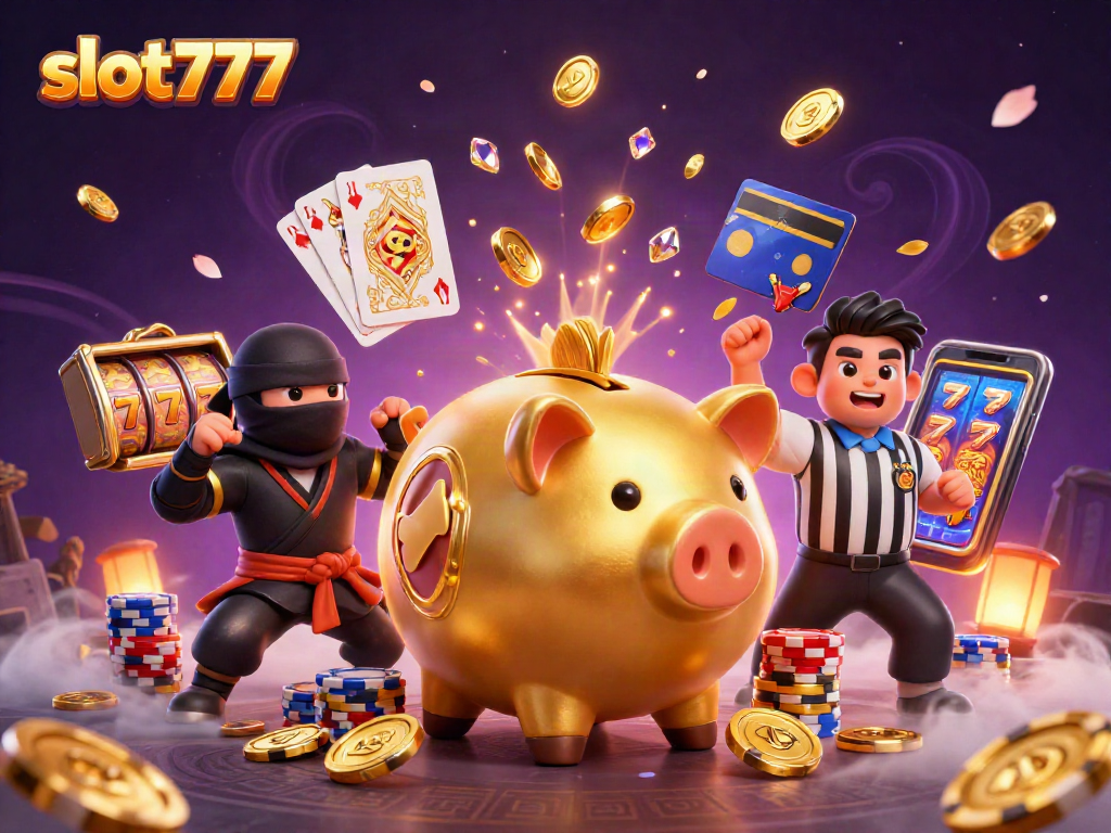 Spin to win with slot777 in this vibrant casino scene filled with gold coins and playful characters.