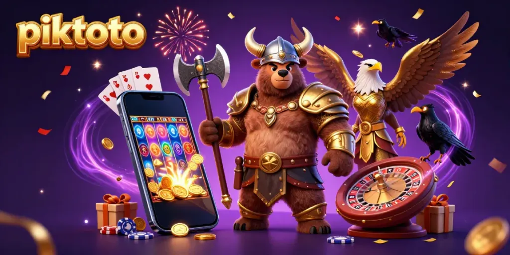 Experience thrilling gaming action at piktoto with a vibrant casino scene featuring a Viking bear and Valkyrie.