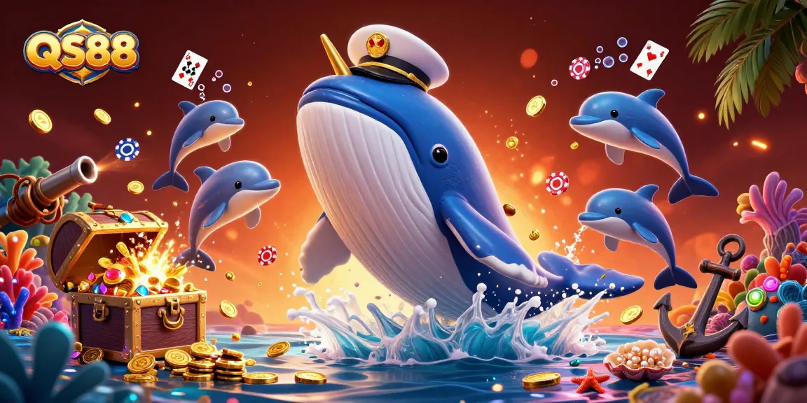 Experience thrill with QS88 in a vibrant underwater gambling scene featuring playful dolphins and treasures.