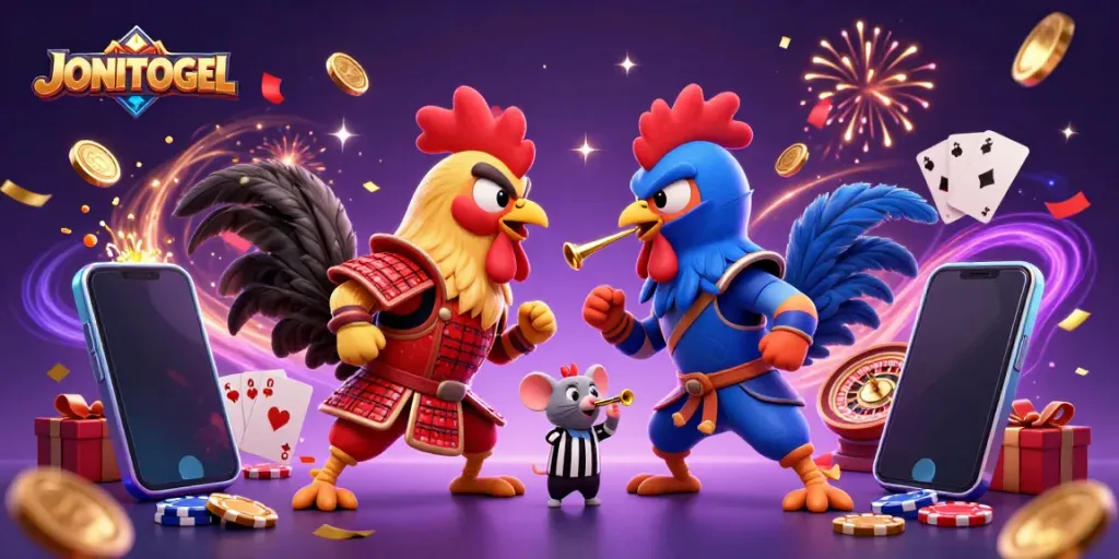 Experience thrilling action at JONITOGEL with fighting roosters amid vibrant slot game visuals.