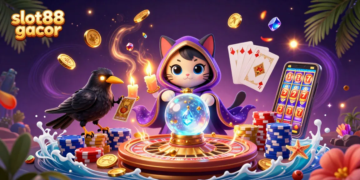 Slot88 gacor membawa keberuntungan dengan gambar kucing mistis, burung gagak, dan lilin di tengah suasana kasino yang meriah.