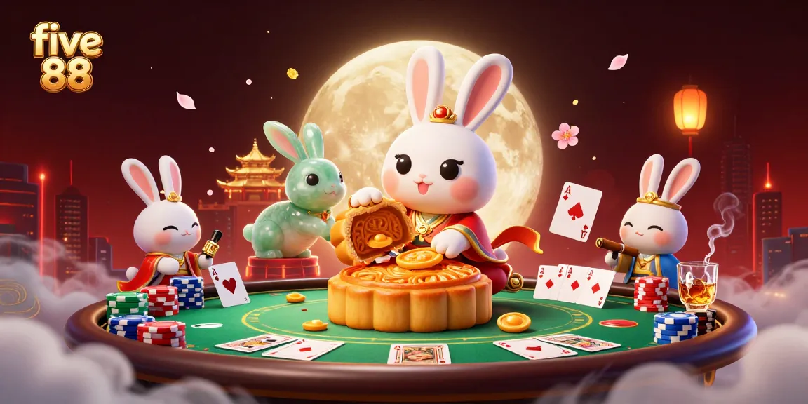 Experience five 88 as the moon rabbit unveils poker chips in an enchanting casino-themed illustration.
