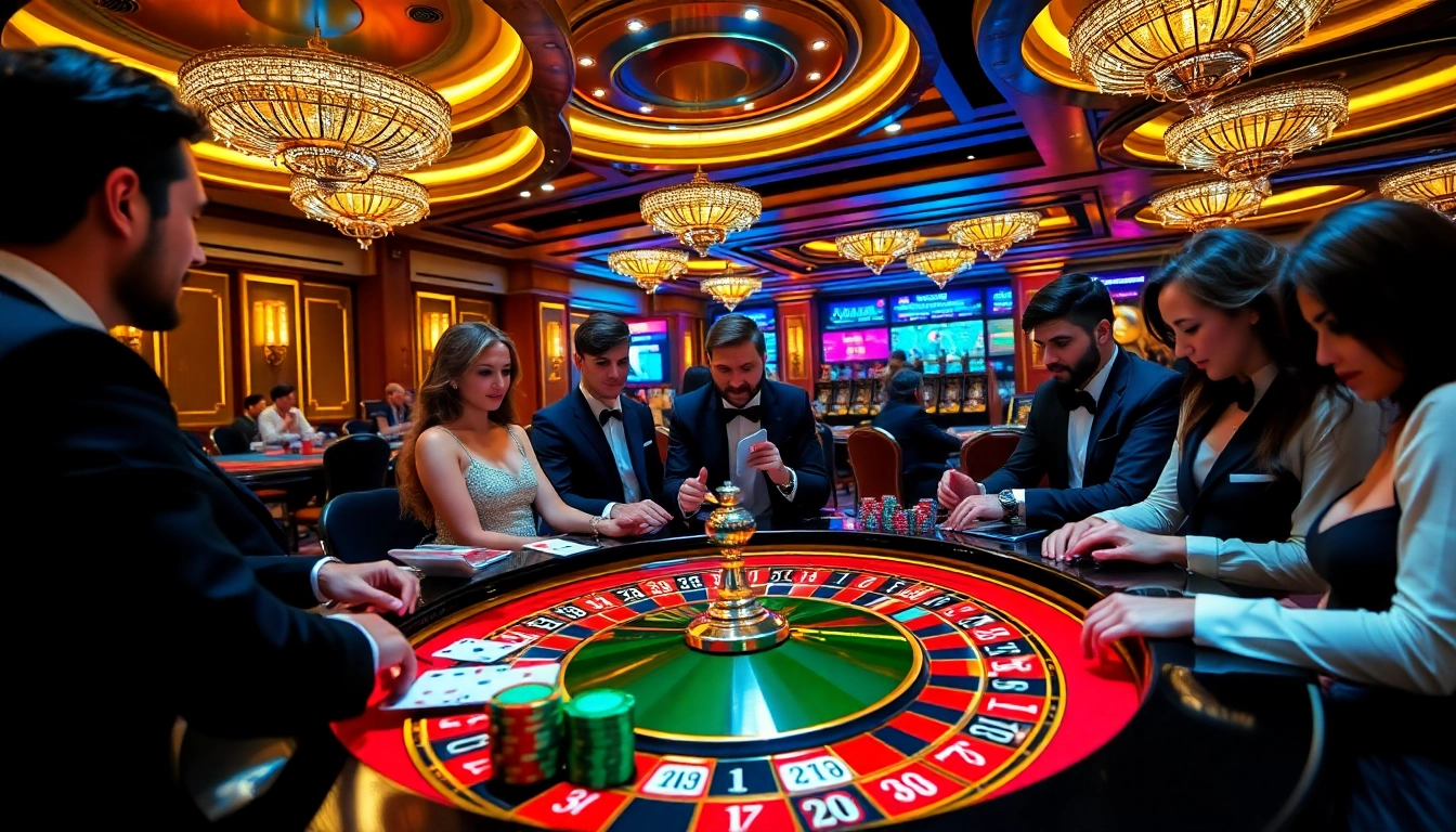 Bola Gila players eagerly bet at a luxury casino table showcasing vibrant chips and cards.