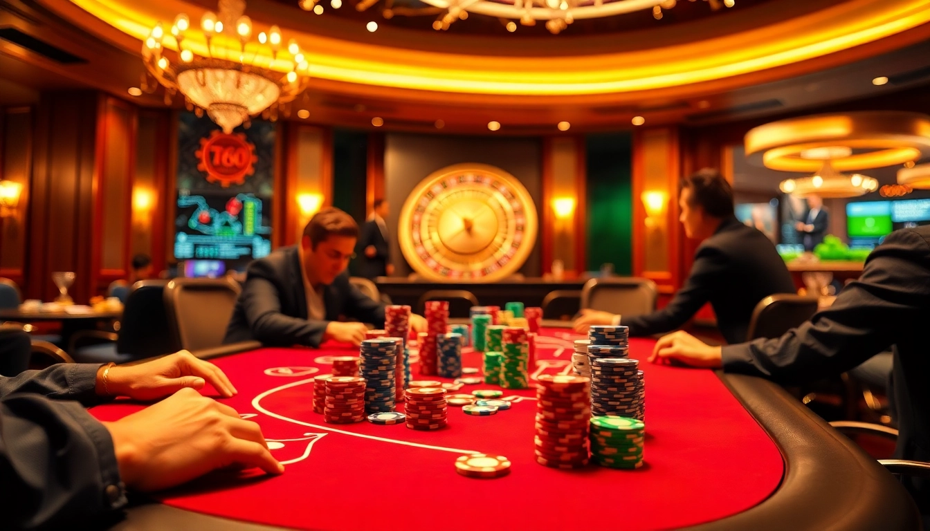 Players strategizing at a TG88 poker table in a vibrant casino atmosphere.